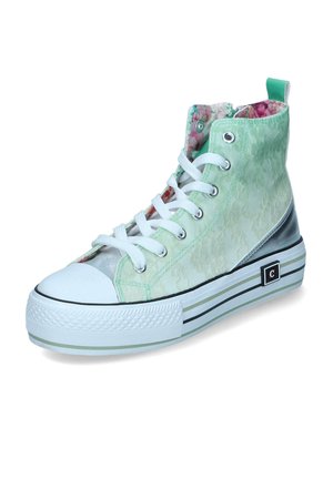 Hochschnitt-Sneaker mit einem strukturierten mintgrünen Obermaterial, einer weißen Gummikappe und einem gemusterten rosa Futter. Verfügt über weiße Schnürsenkel und eine gestreifte Plattform.