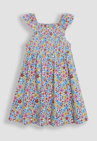Vestido floral con corsé fruncido, tirantes con volantes, patrones de flores multicolores sobre un fondo blanco y falda acampanada y fruncida.