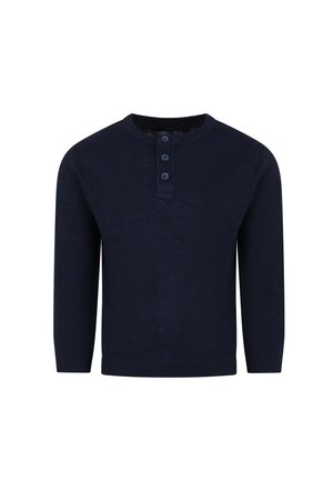Maglione a maniche lunghe di colore blu navy, con scollatura rotonda e patta con tre bottoni. Le maniche a coste e l'orlo aggiungono texture al design.