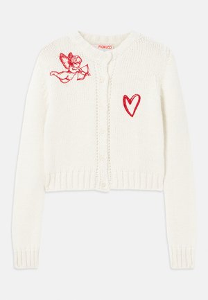Cremfarbener gestrickter Cardigan mit einem verkürzten Design. Verfügt über rote gestickte Putten- und Herzmotive. Knopfverschluss und gerippte Bündchen.