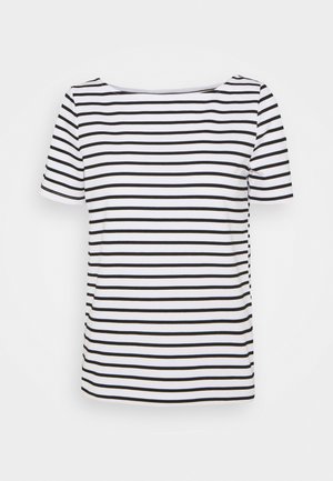 Bawełniany T-shirt z krótkimi rękawami, ozdobiony poziomymi czarno-białymi paskami i szerokim dekoltem. Gładka tekstura, casualowy design.