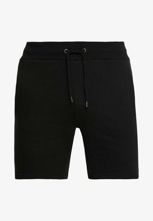 Schwarze Baumwollshorts mit einem elastischen Bund, Zugbandverschluss und zwei Seitentaschen. Glatte Textur und knielange Passform.