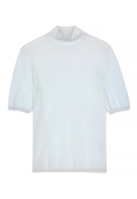 Šviesiai mėlynas trumpų rankovių golfo megztinis, pagamintas iš minkštos ir lygios medžiagos, su aptemptu siluetu ir švelniai išsipūstomis rankovėmis.