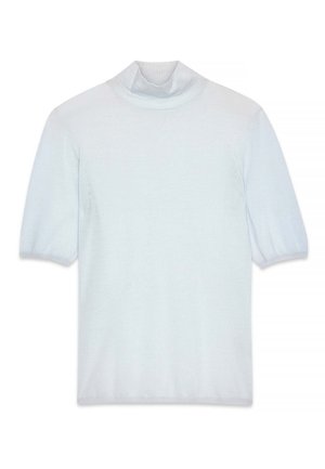 Gaiši zils īsām piedurknēm, ar augstu apkakli, džemperis, kas izgatavots no mīkstas, gludas auduma, ar pieguļošu dizainu un viegli puffētām piedurknēm.