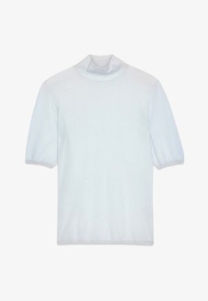 Gaiši zils īsām piedurknēm, ar augstu apkakli, džemperis, kas izgatavots no mīkstas, gludas auduma, ar pieguļošu dizainu un viegli puffētām piedurknēm.