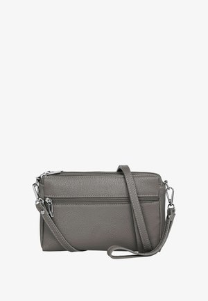 Grauem Leder Crossbody Bag mit genarbter Textur, zwei Reißverschlussfächern und einem verstellbaren Tragegurt. Mit silberfarbenen Hardware-Details.