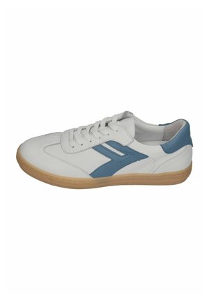 White leather sneaker with blue accents and rubber sole. Features six eyelets, smooth texture, and rounded toe design.