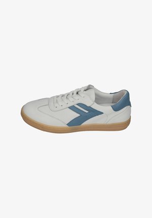 White leather sneaker with blue accents and rubber sole. Features six eyelets, smooth texture, and rounded toe design.