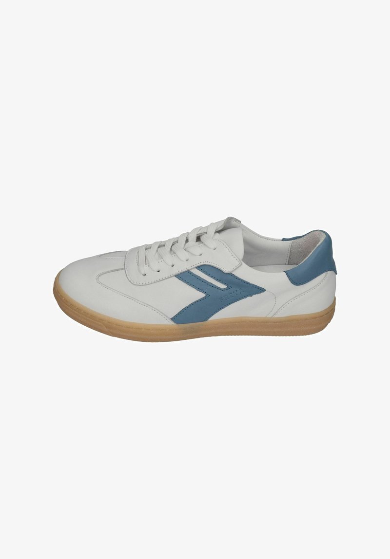 White leather sneaker with blue accents and rubber sole. Features six eyelets, smooth texture, and rounded toe design.