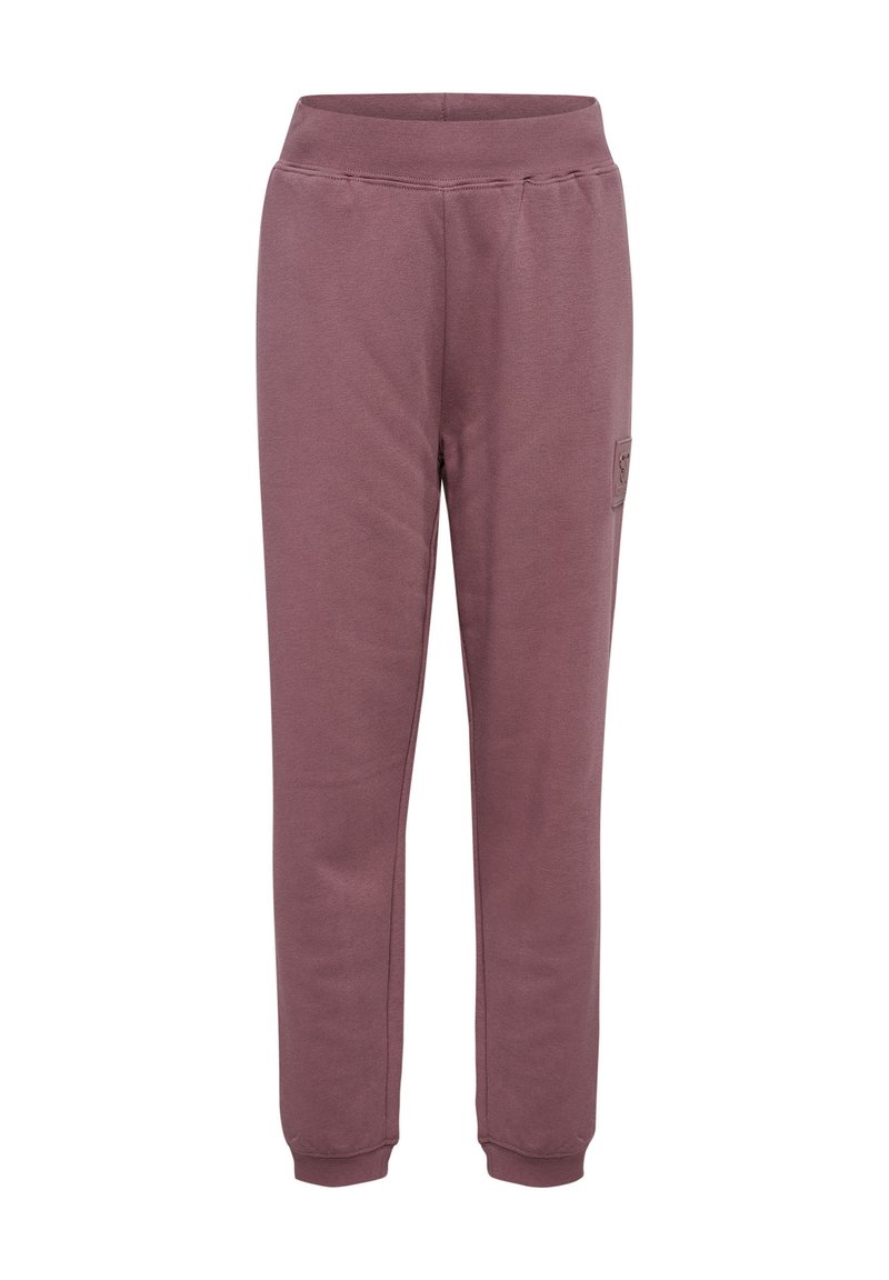 Bordeauxrote Sweatpants mit elastischem Bund und umgeschlagenen Knöcheln, ausgestattet mit einer Seitentasche und einem weichen, strukturierten Stoff.