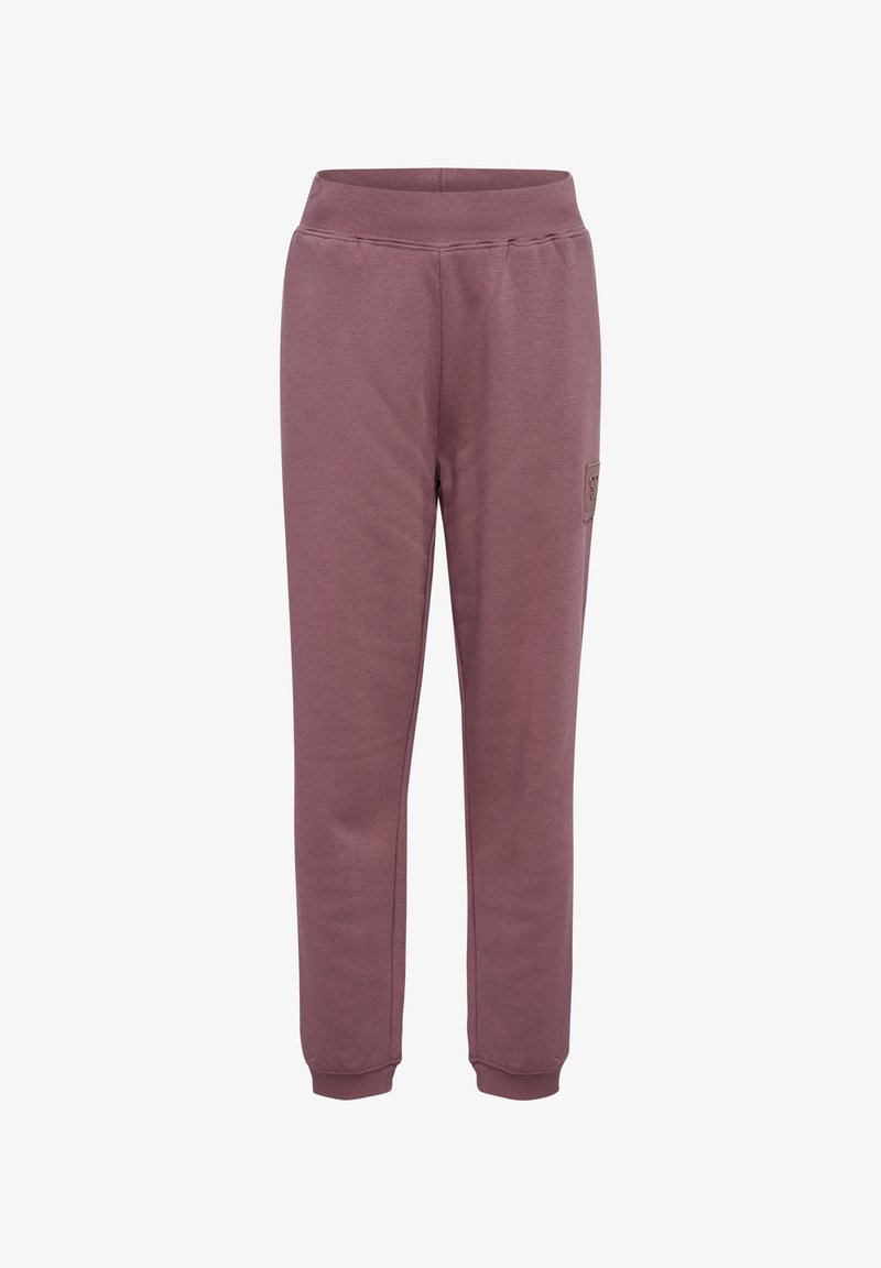 Bordeauxrote Sweatpants mit elastischem Bund und umgeschlagenen Knöcheln, ausgestattet mit einer Seitentasche und einem weichen, strukturierten Stoff.
