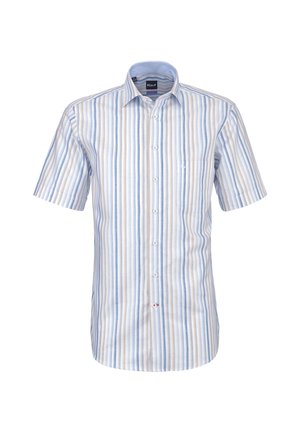 Kurzärmliges Hemd mit Knöpfen und vertikalen Streifen in Blau, Weiß und Beige, mit einer Brusttasche und spitzem Kragen.