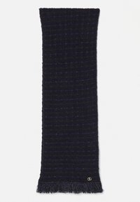 Navy woven scarf with a textured pattern and fringe edges; features subtle golden accents; rectangular shape, soft material.