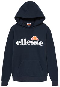 Sweat à capuche bleu marine avec poche avant, manches longues, et un logo blanc "ellesse" avec un demi-cercle orange au-dessus du texte sur la poitrine.