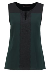Bezrękawnik w kolorze zielonym z czarnymi akcentami, z przodem wykonanym z koronkowego panelu i dekoltem w kształcie łezki. Gładka tekstura i swobodny fason.