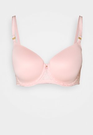 Sutiã rosa claro com copas lisas e almofadadas, e detalhes em renda na faixa. Alças ajustáveis e acabamentos em metal dourado.