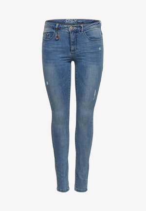 Jeans ajustados en un azul intermedio, confeccionados en denim. Presentan un ligero desgaste, cinco bolsillos y un cierre de botón frontal con un remache metálico.