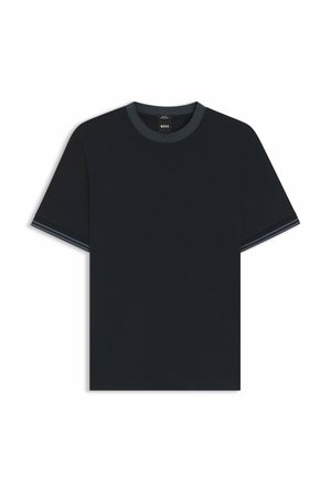 Black short-sleeve slim-fit T-shirt with ribbed crew neck and sleeve cuffs featuring subtle striped detailing and BOSS label inside collar.