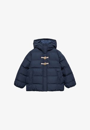 Navy blue puffer jacket with a hood, featuring a quilted design, toggle fastenings, and two side pockets. Soft, smooth texture.