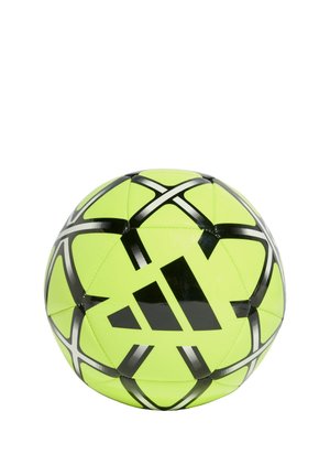 Balón de fútbol amarillo-verde brillante con patrones geométricos negros y un gran logo negro de Adidas centrado sobre un fondo blanco.