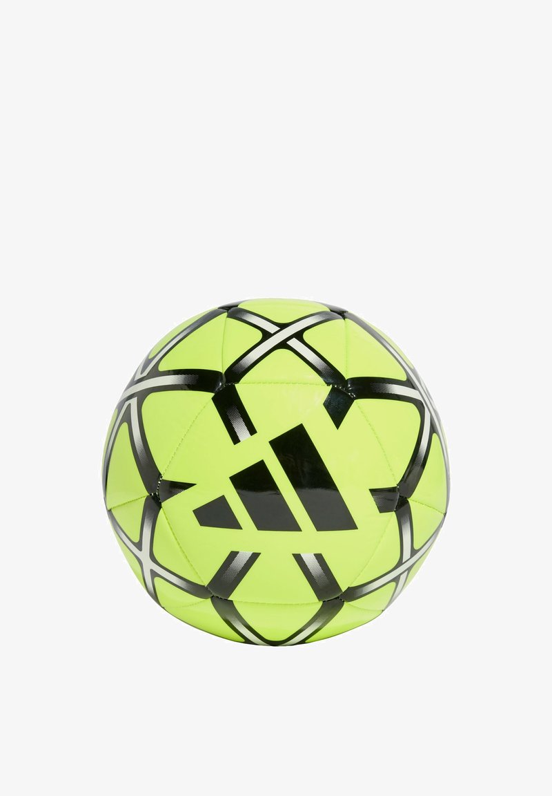 Ballon de football jaune-vert vif avec motifs géométriques noirs et grand logo noir Adidas centré sur fond blanc.