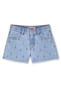 Ανοιχτό μπλε τζιν σορτς με ξεφτισμένο τελείωμα, διακοσμημένα με πολύχρωμες χάντρες τοποθετημένες κάθετα στο μπροστινό μέρος.