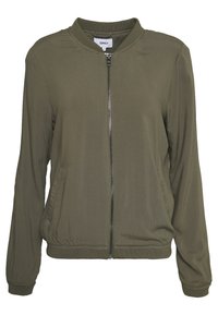 Olive green bomber jacket with a zip closure, round collar, elastic cuffs, and side pockets in a lightweight, smooth fabric.