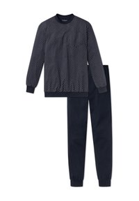 Conjunto de lounge azul marino que incluye una sudadera con un diseño estampado y puños acanalados, junto con un par de pantalones lisos con cintura y puños elásticos.