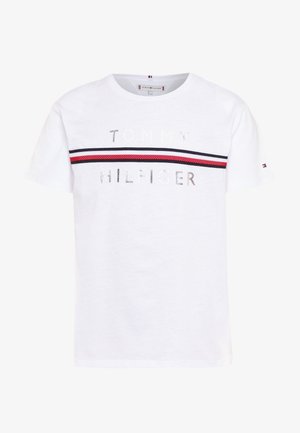 White cotton T-shirt featuring a horizontal red and navy striped design, with metallic silver text reading "TOMMY HILFIGER" across the chest.