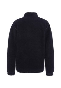 Marineblauer Fleece-Pullover mit hohem Kragen, langen Ärmeln, weicher Textur und lockerem Schnitt. Keine sichtbaren Beschläge oder Muster.
