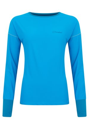 Long-sleeve blue athletic shirt made of smooth fabric, featuring a round neckline, contrasting cuffs, and minimal logo on the front.
