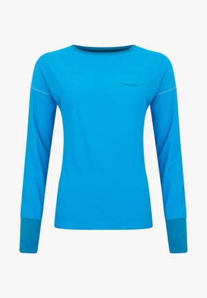 Langärmliges blaues Sportshirt aus glattem Stoff, mit rundem Halsausschnitt, kontrastierenden Bündchen und minimalem Logo auf der Vorderseite.