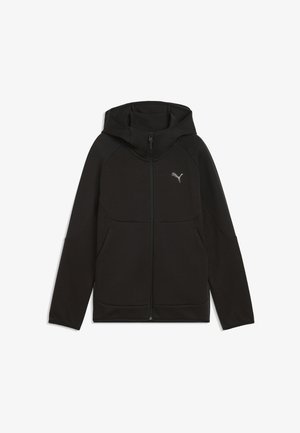 Sort hættetrøje med lynlås, lange ærmer og forlommer, med en lille Puma-logo på venstre bryst.
