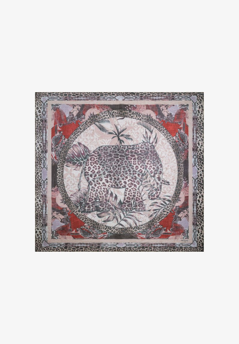 Leopardenmuster-Schal mit einem zentralen Elefantengrafik und tropischen Blättern, umrahmt von einem mehrfarbigen Rand und weicher Textur.