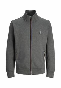 Šedá bunda na zips s vysokým golierom, dvoma postrannými zipsovými vreckami a kontrastným prúžkovaním pozdĺž zipsu. Mäkká textúra látky.