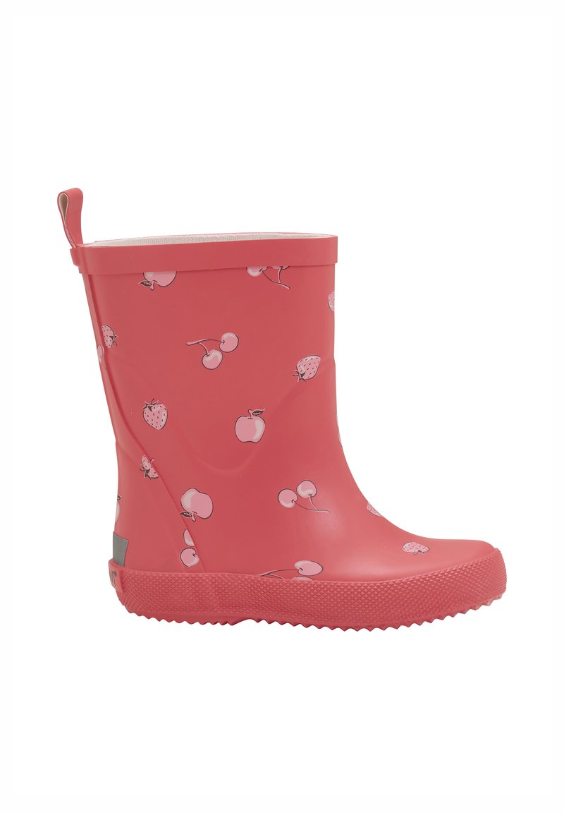 Botte de pluie en caoutchouc rose avec une finition lisse, ornée de motifs de cerise et de fraise. Design mi-haut avec une semelle texturée et une boucle pour un enfilage facile.