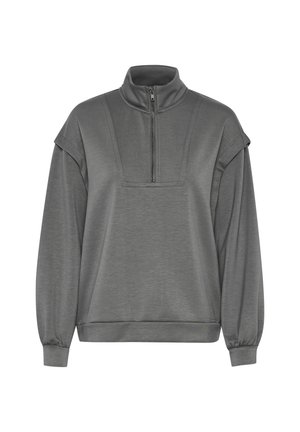 Grauer Pullover-Sweatshirt mit hohem Kragen und halber Reißverschlussöffnung. Mit überschnittenen Schultern und gerippten Bündchen. Glatte Textur, lässige Passform.