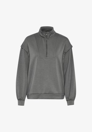 Grauer Pullover-Sweatshirt mit hohem Kragen und halber Reißverschlussöffnung. Mit überschnittenen Schultern und gerippten Bündchen. Glatte Textur, lässige Passform.