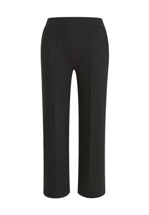 Schwarze, cropped Hosen mit glatter Textur, ausgestattet mit einem taillierten Bund und zwei vertikalen Nähten vorne. Keine Taschen oder zusätzlichen Details.