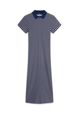 Polo haljina kratkih rukava s vodoravnim tamnoplavo-bijelim prugama, tamnoplavi ovratnik, dužine do koljena i ravnog kroja.