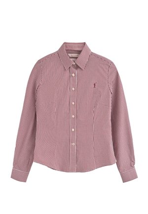 Camicia a maniche lunghe a quadri rossi e bianchi, con colletto button-down e un piccolo logo sul lato sinistro del petto. Tessuto di cotone liscio.