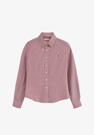 Camicia a maniche lunghe a quadri rossi e bianchi, con colletto button-down e un piccolo logo sul lato sinistro del petto. Tessuto di cotone liscio.
