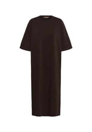 Musta midimekko pyöreällä pääntiellä ja lyhyillä hihoilla, joissa on leveät taitetut kalvosimet, valkoisella taustalla.
