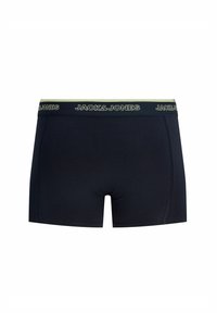 Boxers noirs pour hommes avec une ceinture élastique sombre portant le nom de la marque Jack & Jones en texte vert clair.