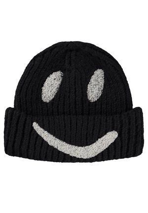 Sort strikket hue med opbuk ved kanten med et stort tekstureret hvidt smilende ansigt på fronten.