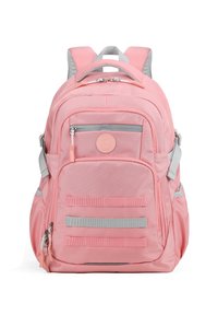 Sac à dos rose pâle en tissu texturé. Présente des accents gris, plusieurs compartiments zippés et un tissage à l'avant. Bretelles rembourrées.