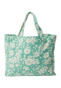 Kvetinová taška na rameno s tyrkysovou látkou s bielymi kvetinovými vzormi, dvoma krátkymi rúčkami a priestranným otvoreným vrchom.