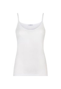 Camisola di cotone bianco con spalline sottili e scollo a barca. Tessuto liscio con silhouette aderente e branding minimale sul davanti.