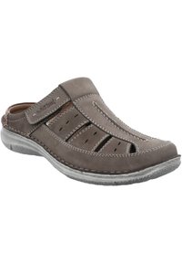 Dunkelgraue Lederclogs mit ausgeschnittenem Design, kontrastierenden weißen Nähten und einer flexiblen Gummisohle. Verfügt über einen Schlupfstil für ein einfaches Anziehen.