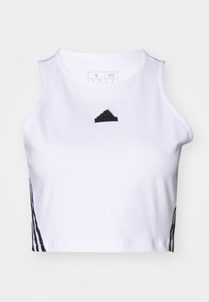 Top corto blanco hecho de algodón. Presenta un logo negro y franjas laterales negras, con un escote redondo y diseño sin mangas.